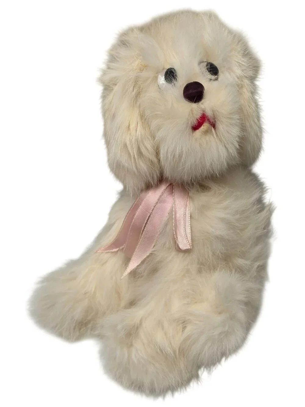 Vintage Real Rabbit Fur White Puppy Dog Plush Stuffed Animal Pink Ribbon 11